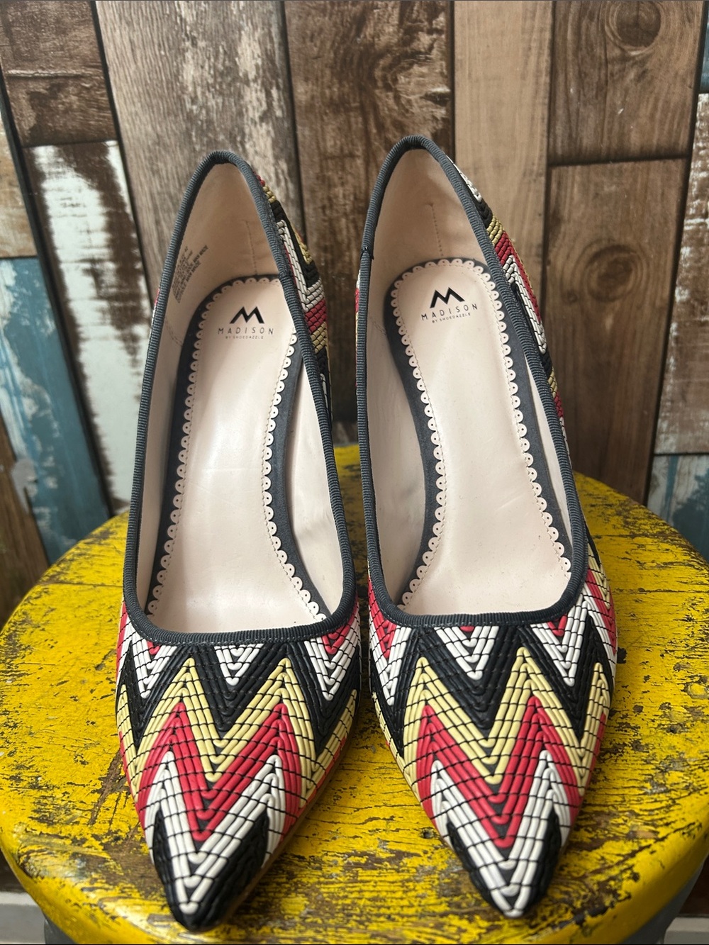 Madison Chevron Woven Pointed-Toe Stilettos in Red, Yellow, Black & White - Picture 6 of 15